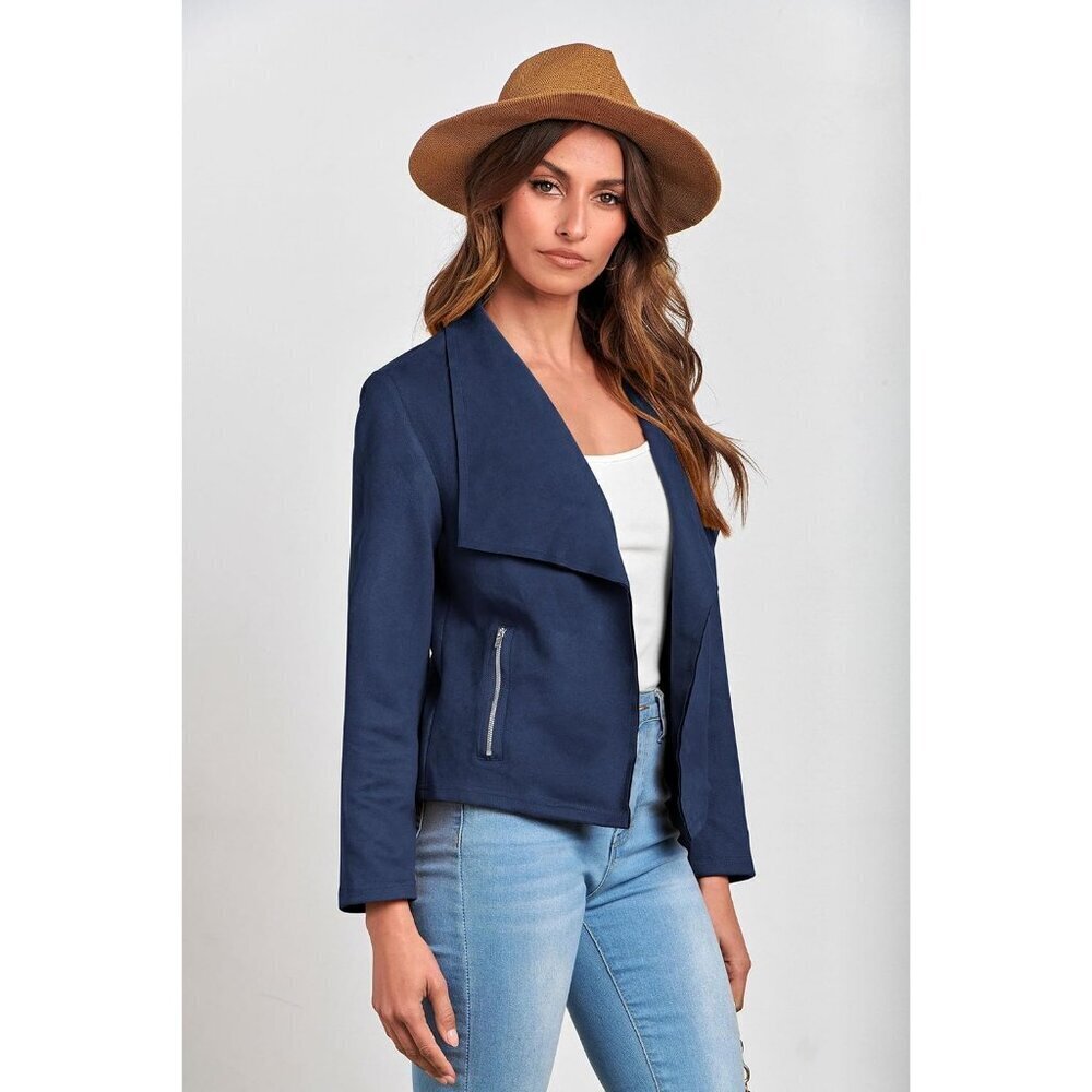 Women's Navy PRETTYGARDEN Faux Suede Jackets Fall Clothes Long Sleeve - Picture 6 of 9